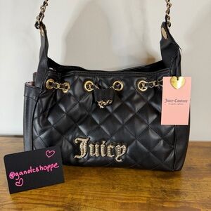 New Juicy Couture Fashion Icon Bucket Tote Handbag Black Gold Cute Chain Quilted